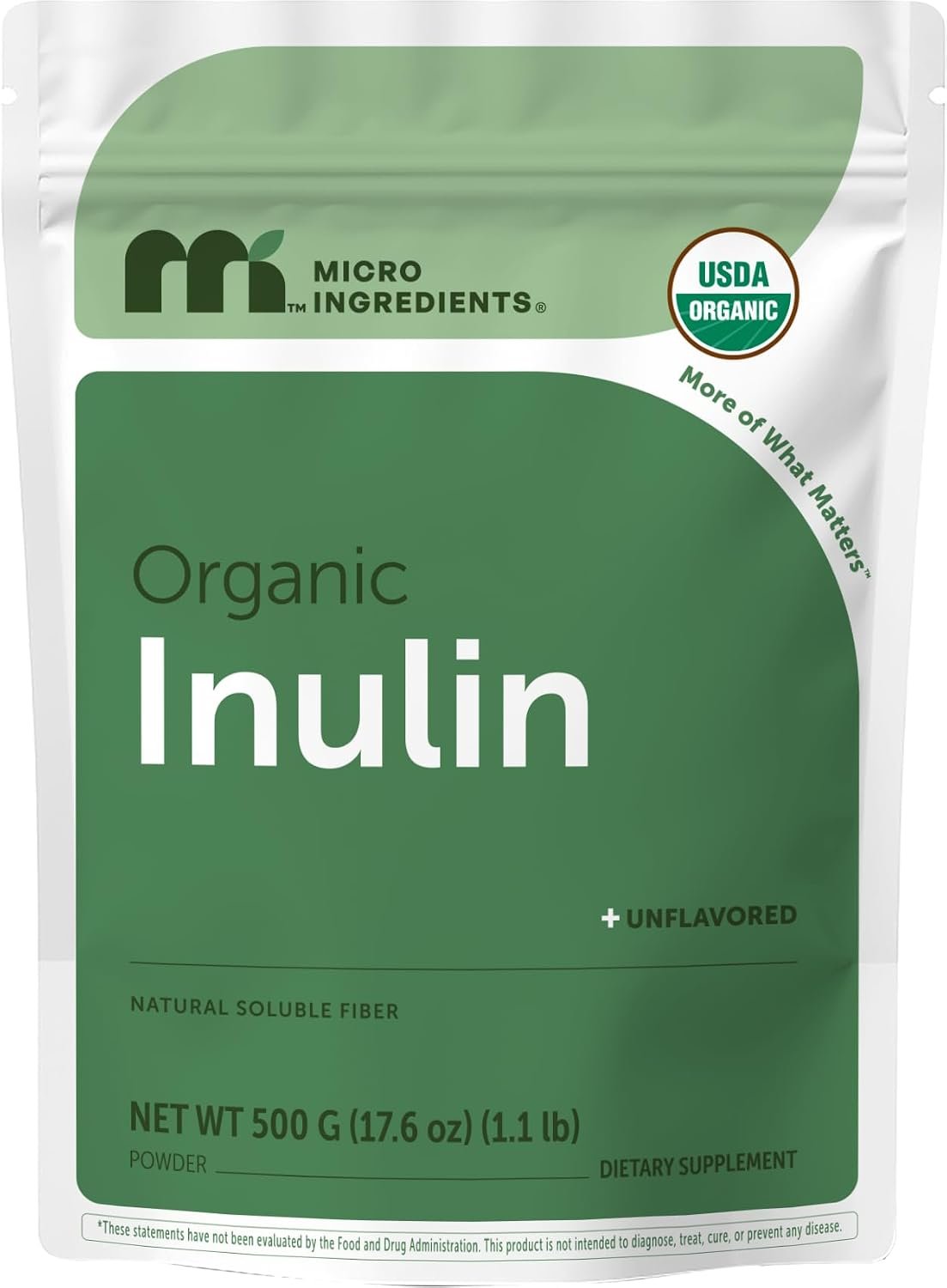 Micro Ingredients Organic Inulin FOS Fiber Powder, 1.1 lb | Quick Water-Soluble Prebiotic | Natural Unflavored Fiber for Yogurt, Smoothies, & Drinks | Vegan Friendly, Dissolves Clear, Non-GMO