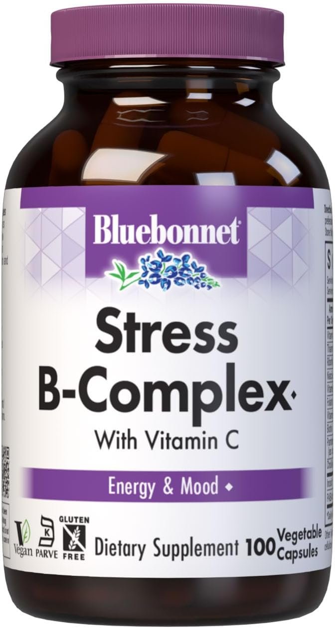 Bluebonnet Nutrition Stress Relief B Complex Vegetable Capsules, Vitamin B6, B12, Biotin, Folate, Vegan, Gluten & Soy & Milk Free, Kosher, Unflavored, 100 Count