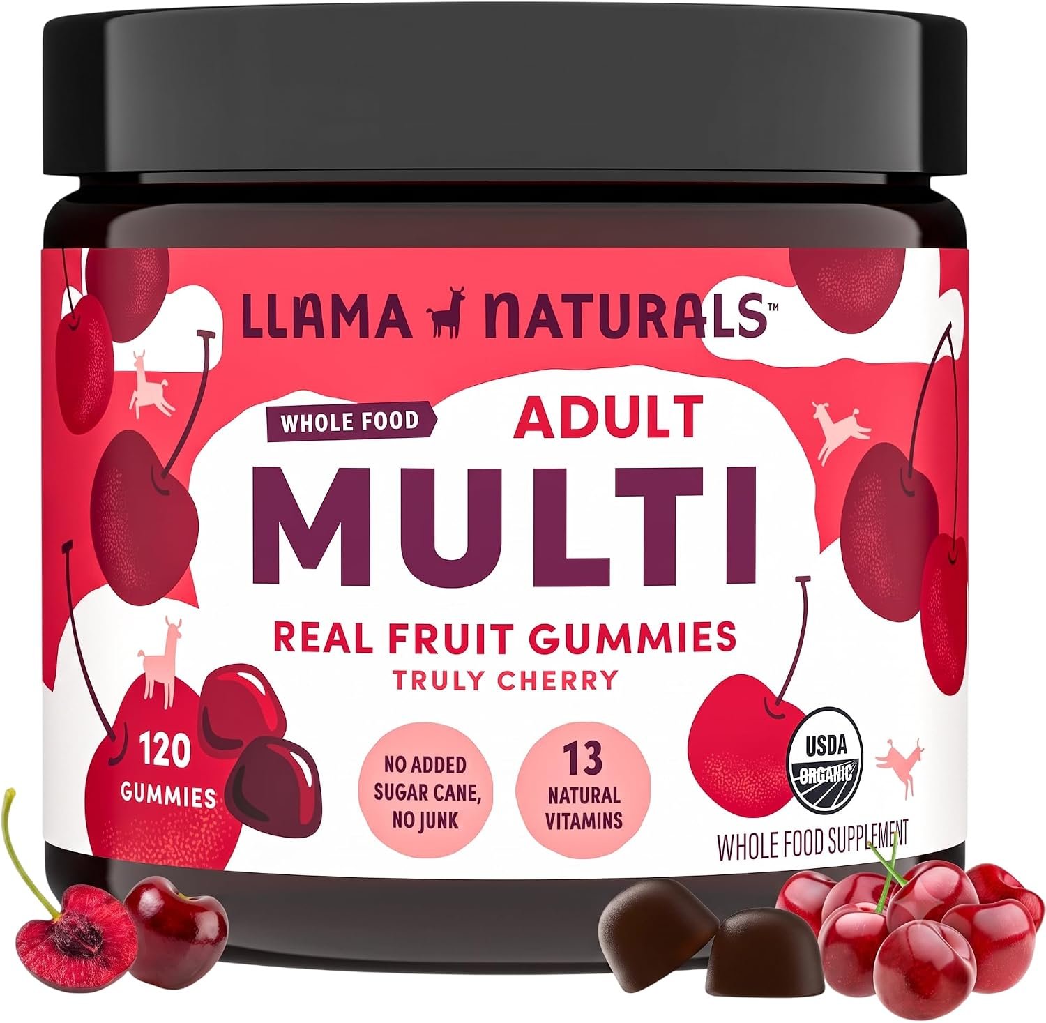 Llama Naturals Multivitamin for Women and Men, Vegan, Organic Gummies with Vitamin D, C and K, Adults Real Fruit Gummy Vitamins, Chewable Multivitamin Supplement, No Added Sugar Cane, Cherry, 120 Ct