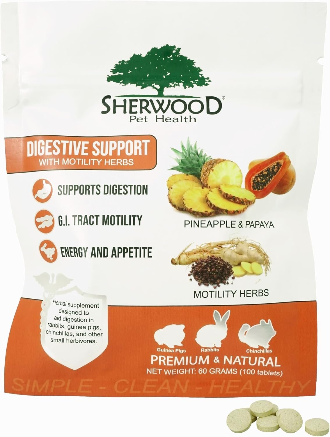 Digestive Support, Papaya by Sherwood Pet Health (100 Tablets – 60 Grams). Contains Natural Motility Herbs that Regulate the Digestive Tract, Improve the Gut microbiome and Stimulate the Appetite.
