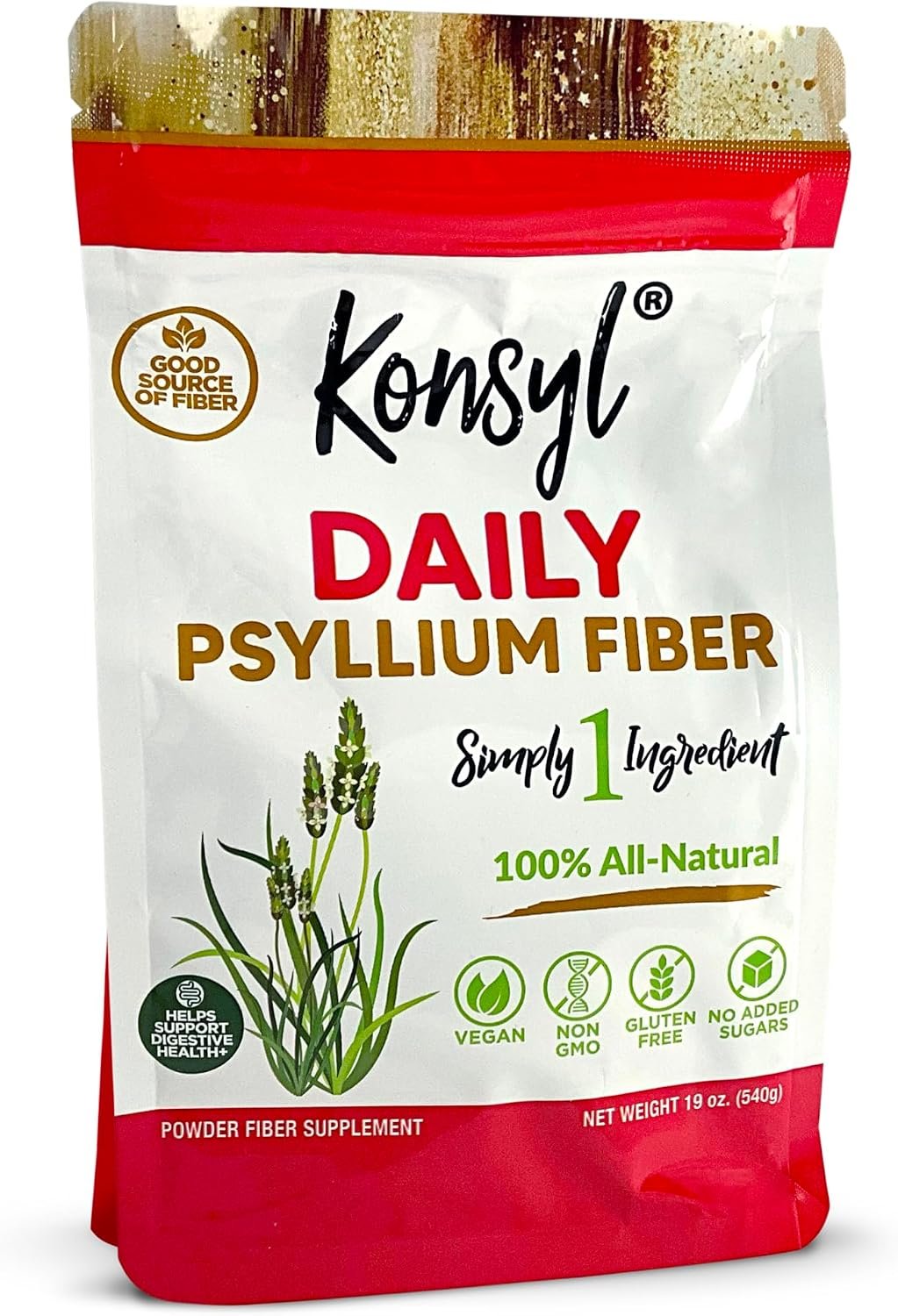 Konsyl Daily Psyllium Fiber Powder – 19oz, 90 Servings, Natural Unflavored Soluble Dietary Fiber Supplement – Psyllium Husk Prebiotic for Digestive Support and Gut Health – Sugar Free, Keto & Vegan