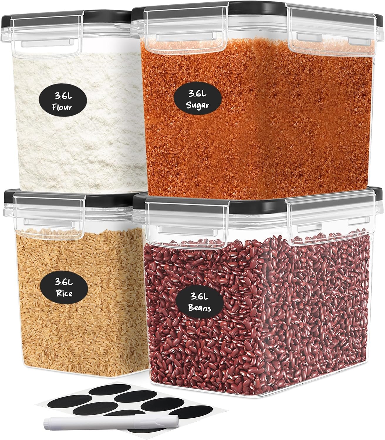 DWËLLZA KITCHEN Flour Sugar Storage Containers Set of 4; 3.6L Plastic Airtight Food Storage Containers with Lids for Kitchen Pantry Organization and Storage – Dry Food Containers, Labels & Marker