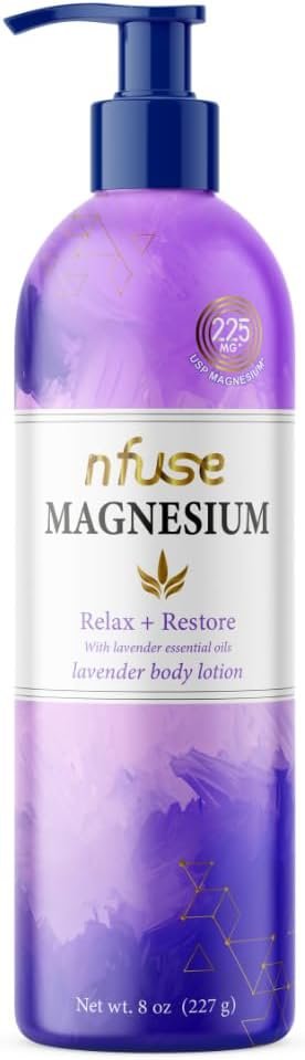 nfuse Magnesium Lotion – 225 mg USP Magnesium Chloride, Lavender Essential Oils, Fast Absorbing, Calming, Stress Relief & Muscle Relaxation – Natural Body Lotion, 8 oz