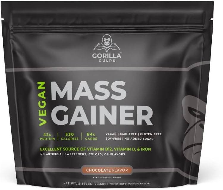 Gorilla Gulps – Chocolate Vegan Mass Gainer – 5 lb Natural High Calorie Protein Powder: GMO, Gluten, & Soy Free. No Artificial Ingredients – Vitamin B12 + D3, & Iron – 530 Calories – 18 Servings
