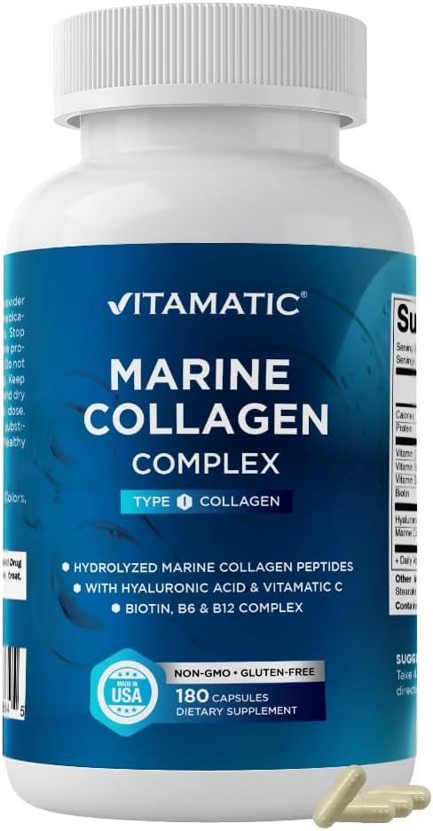 Vitamatic Marine Collagen Complex Type I – 2000 mg per Serving with Hyaluronic Acid, Vitamin C, Biotin, B6 & B12 – 180 Capsules – Non-GMO & Gluten Free, Made in USA
