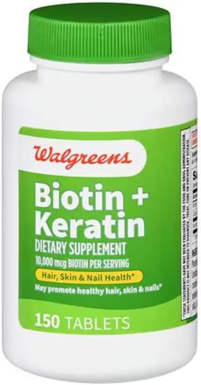 Walgreens Biotin + Keratin | 150 Count Tablets | 10mg of Biotin + 100mg of Keratin | Hair, Skin, and Nail Support Supplement