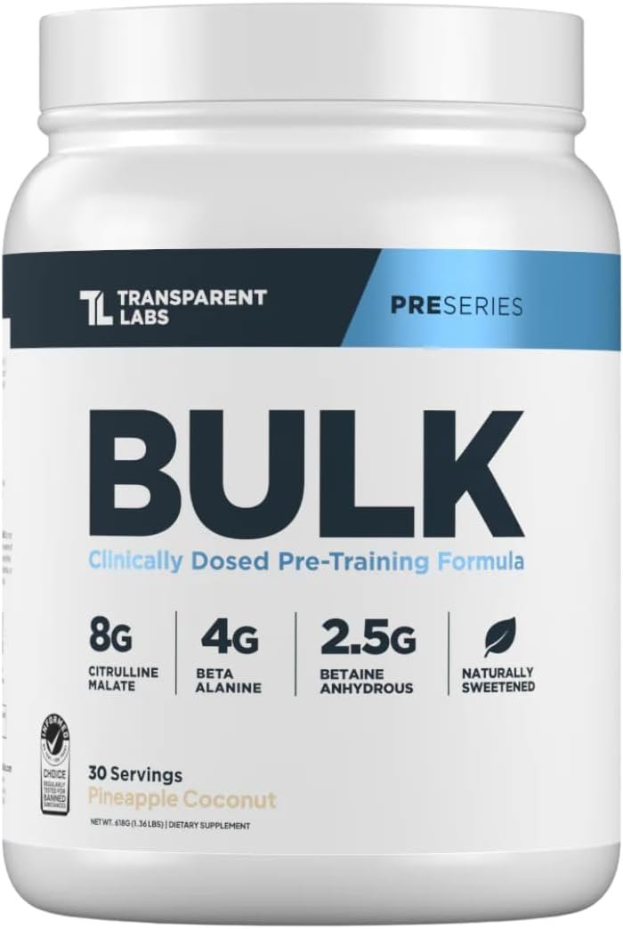 Transparent Labs Bulk Pre Workout Powder – Naturally Sweetened Preworkout for Men & Women, Pre Work Out for Muscle Building & Strength w/Beta Alanine & BetaPure – 30 Servings, Pineapple Coconut