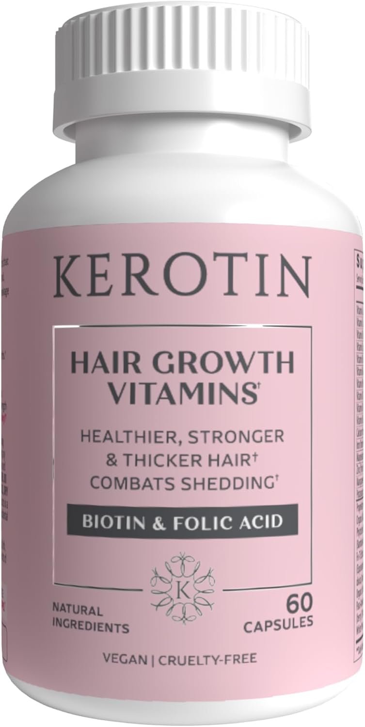 Kerotin Hair Growth Vitamins, Biotin Supplement, DHT Blocker, Collagen Stimulator, for Hair Loss Support, Nail & Skin Care, Includes Saw Palmetto, Vitamin D3 & More – 60 Pills (1 Month Supply)