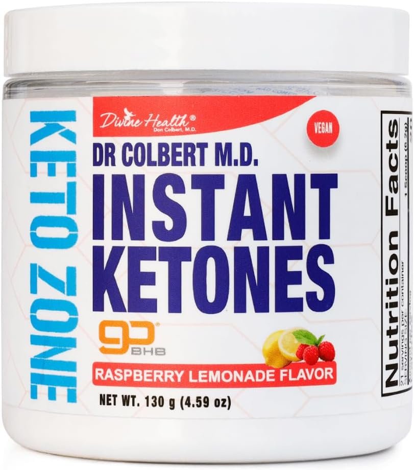 Dr. Colbert, MD Instant Ketones Powder | Raspberry Lemonade | Keto Zone | Divine HEalth | Recommended in The Keto Zone Diet Book | GoBHB | Exogenous BHB Ketone Salts | 4.59oz | 21 Servings