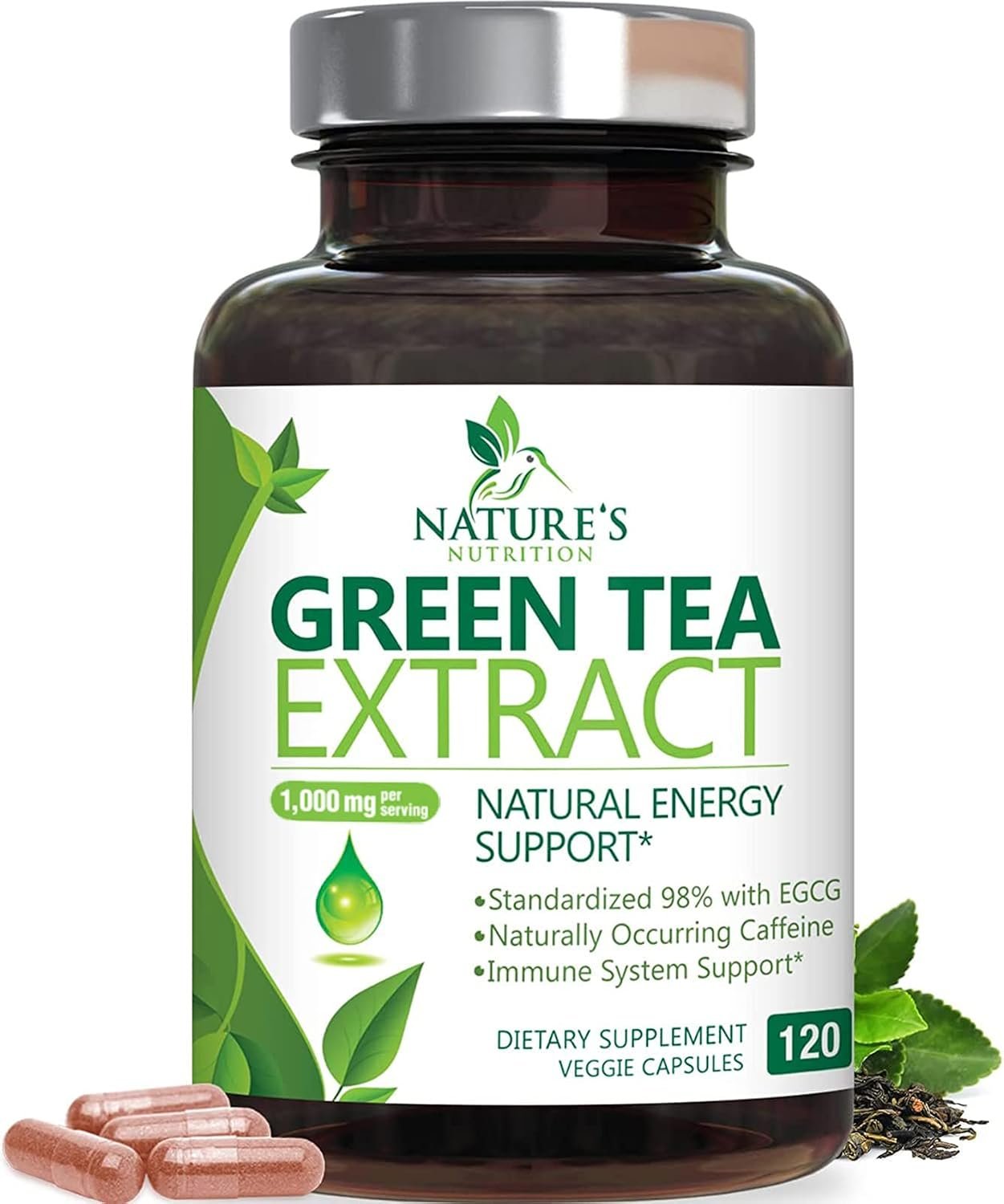 Green Tea Extract 1000mg – Premium Green Tea Extract Pills with 45% EGCG, 98% Polyphenols for Natural Energy – Nature’s Antioxidant Herbal Heart Support Supplement, Bottled in USA – 120 Capsules