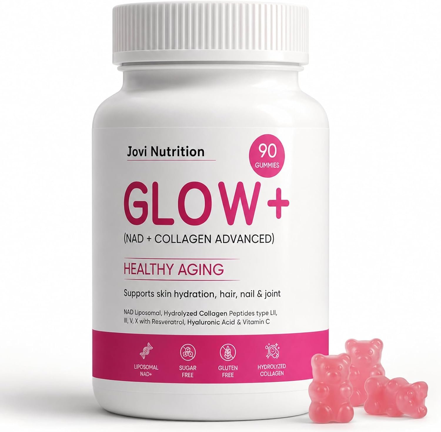 Jovi Glow+ NAD+ & Collagen Gummies, Multi-Type Hydrolyzed Collagen Peptides, Resveratrol, Hyaluronicacid, Vitaminc, Supplement for Skin, Hair, Nails, 90 Count (1, A)