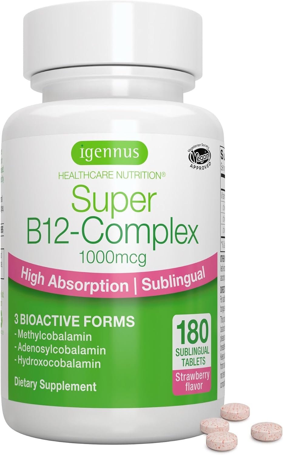 Igennus Sublingual Vitamin B12 Complex 1000mcg, 180 Tablets