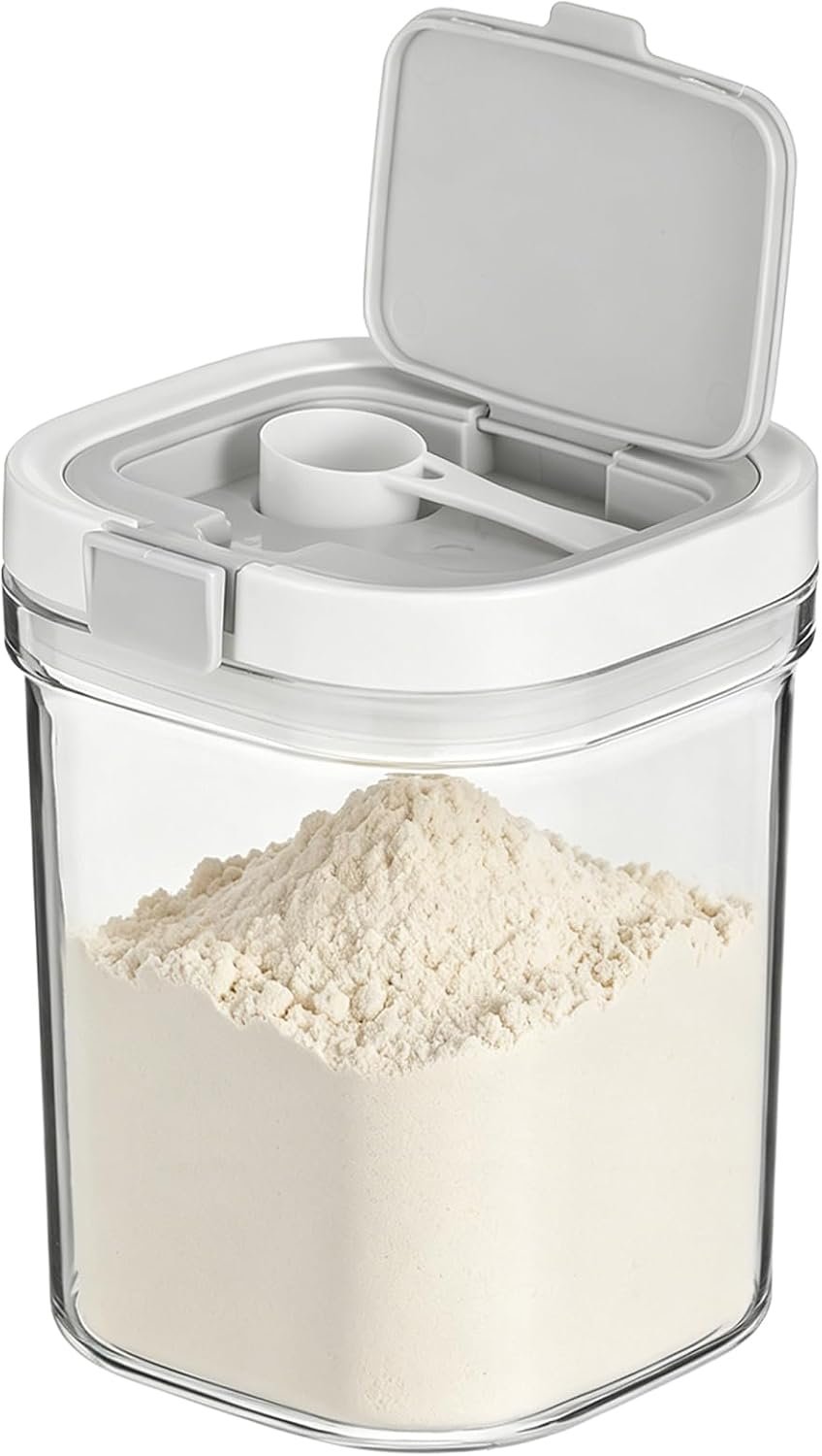 FMOACEN Protein Powder Container, 44oz Airtight with Spoon BPA Free Travel Dispenser for Coffee Flour Sugar Cereal Milk Powder Sealed Lid Stackable Easy Clean Kitchen Home Use (Clear)