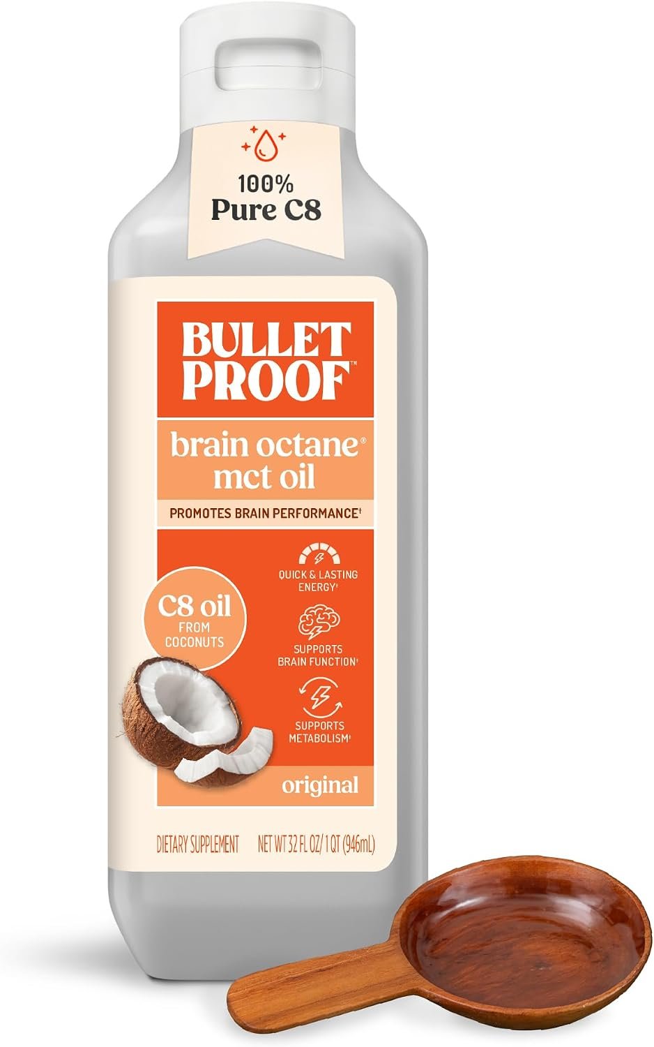 Bulletproof Brain Octane C8 MCT Oil, Non-GMO, 32 oz – 100% C8 from Coconut