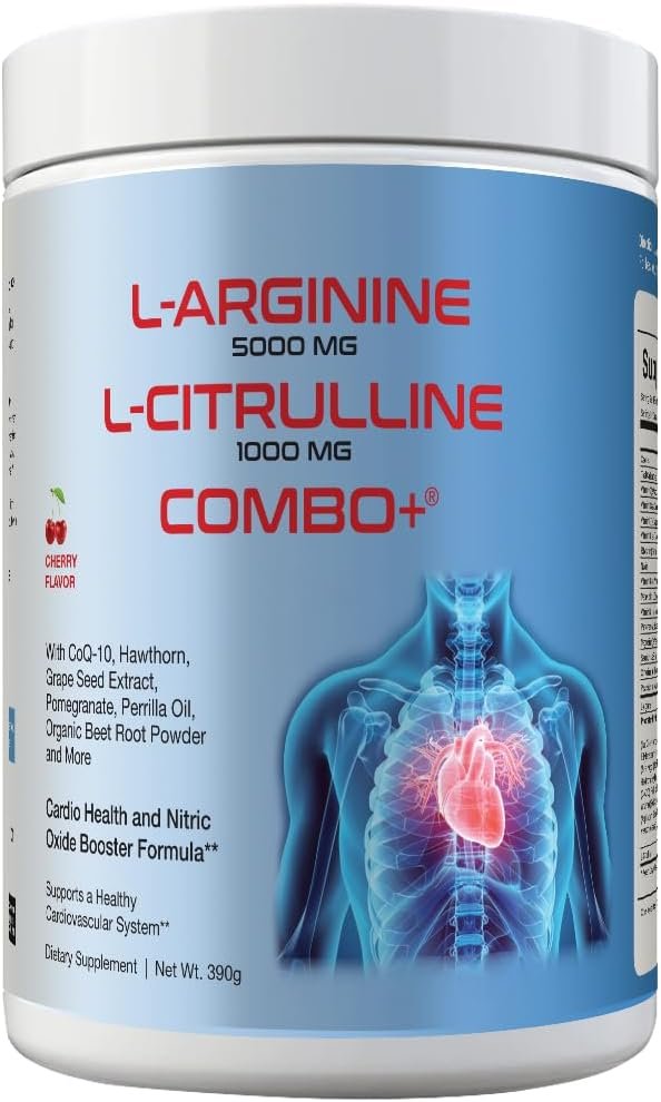 L-Arginine 5000mg & L-Citrulline 1000mg Combo+® – Cherry, 30 Servings, 390g Nitric Oxide Booster Drink Mix Powder – CoQ10 & Organic Beet Root – High Potency Heart & Circulation Support USA