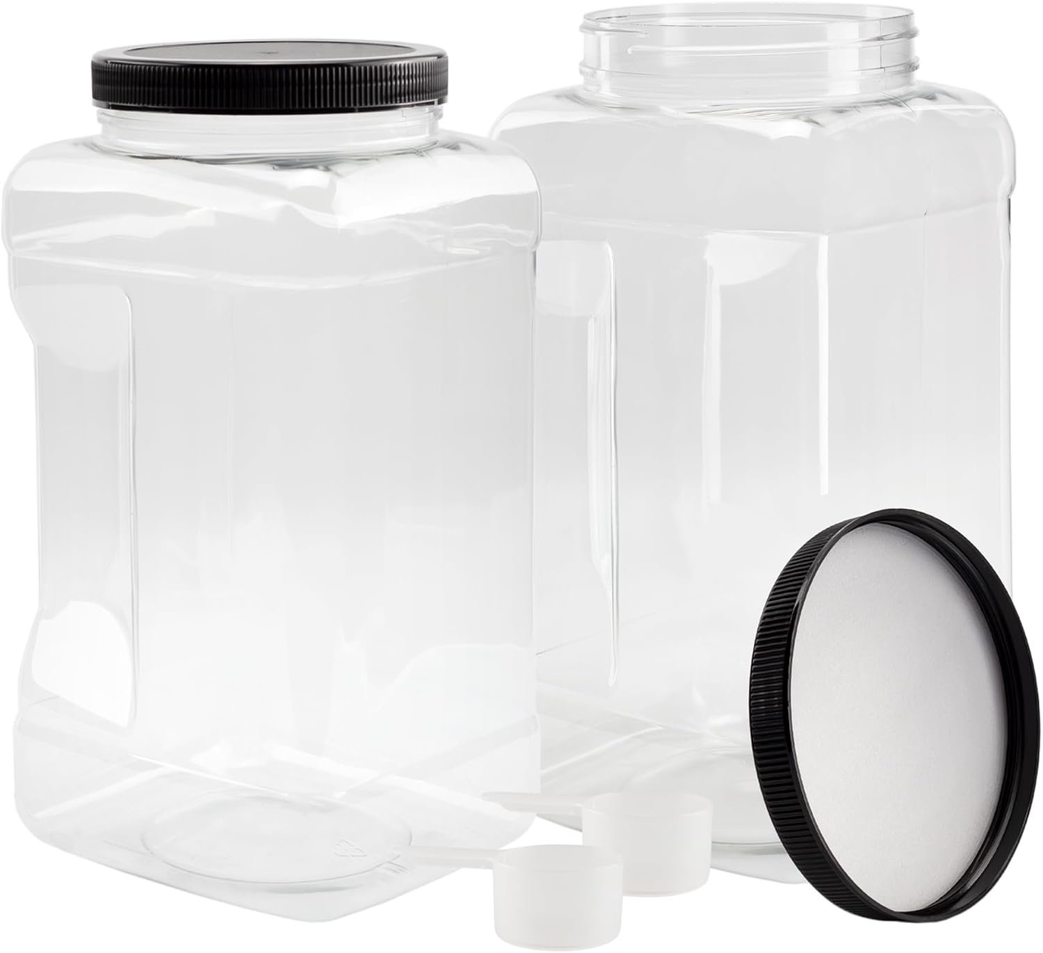 Cornucopia Brands Square Gallon Size Clear Plastic Canisters (2-Pack); 4-Quart Jar Grip Containers w/ Plastic Scoops; BPA-Free