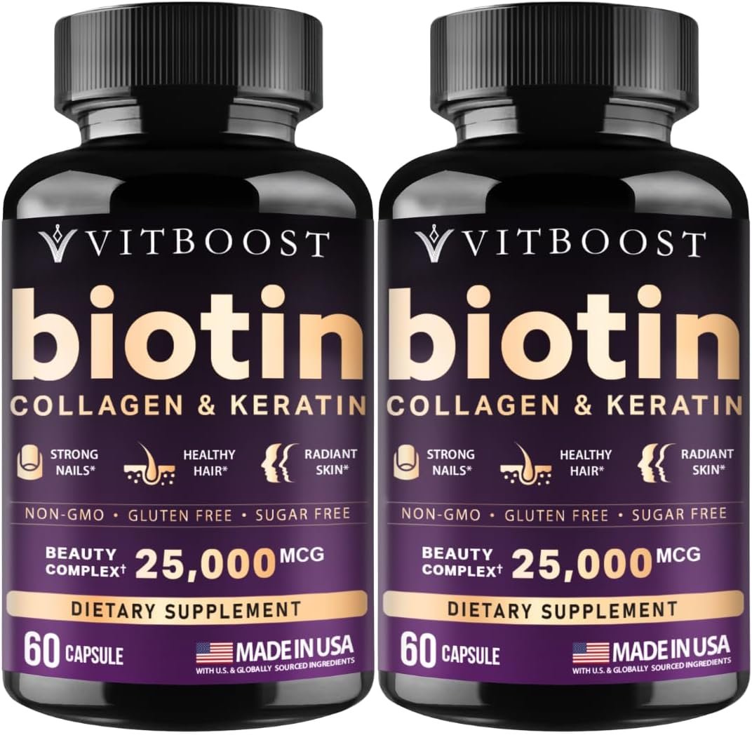 VITBOOST Biotin with Collagen, 25000 mcg Hair Growth Vitamins 60 Ct, 2 Pk