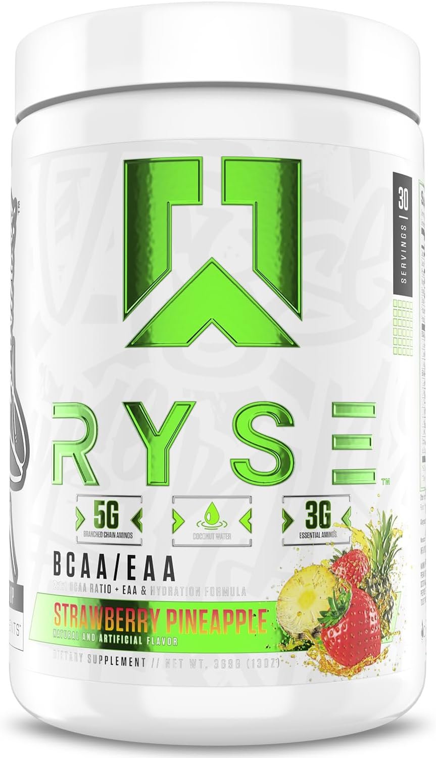 RYSE BCAA EAA Powder – Strawberry Pineapple – 5g Branched Chain Amino Acids, 3g Essential Aminos, Sugar-Free Electrolytes for Pre & Post Workout Muscle Recovery, Hydration and Strength – 30 Servings