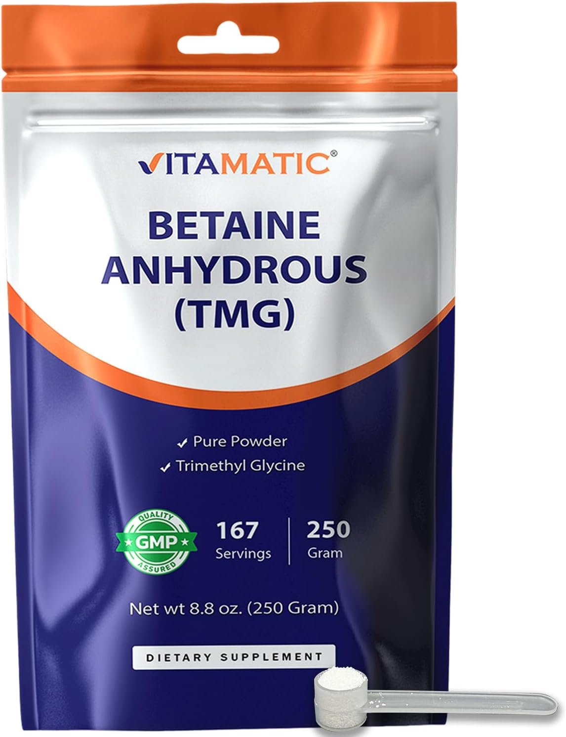 Vitamatic Betaine Anhydrous (TMG) Powder – 250 g (8.8 oz) – 167 Servings – Pure Trimethylglycine – Unflavored – Non-GMO, Gluten Free