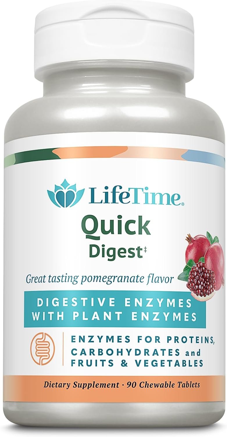 LIFETIME Quick Digest Digestive Enzymes – Plant Enzymes for Proteins, Carbohydrates, Fruits and Vegetables – Digestive Health Support – Pomegranate Flavor – 90 Servings, 90 Chewable Tablets