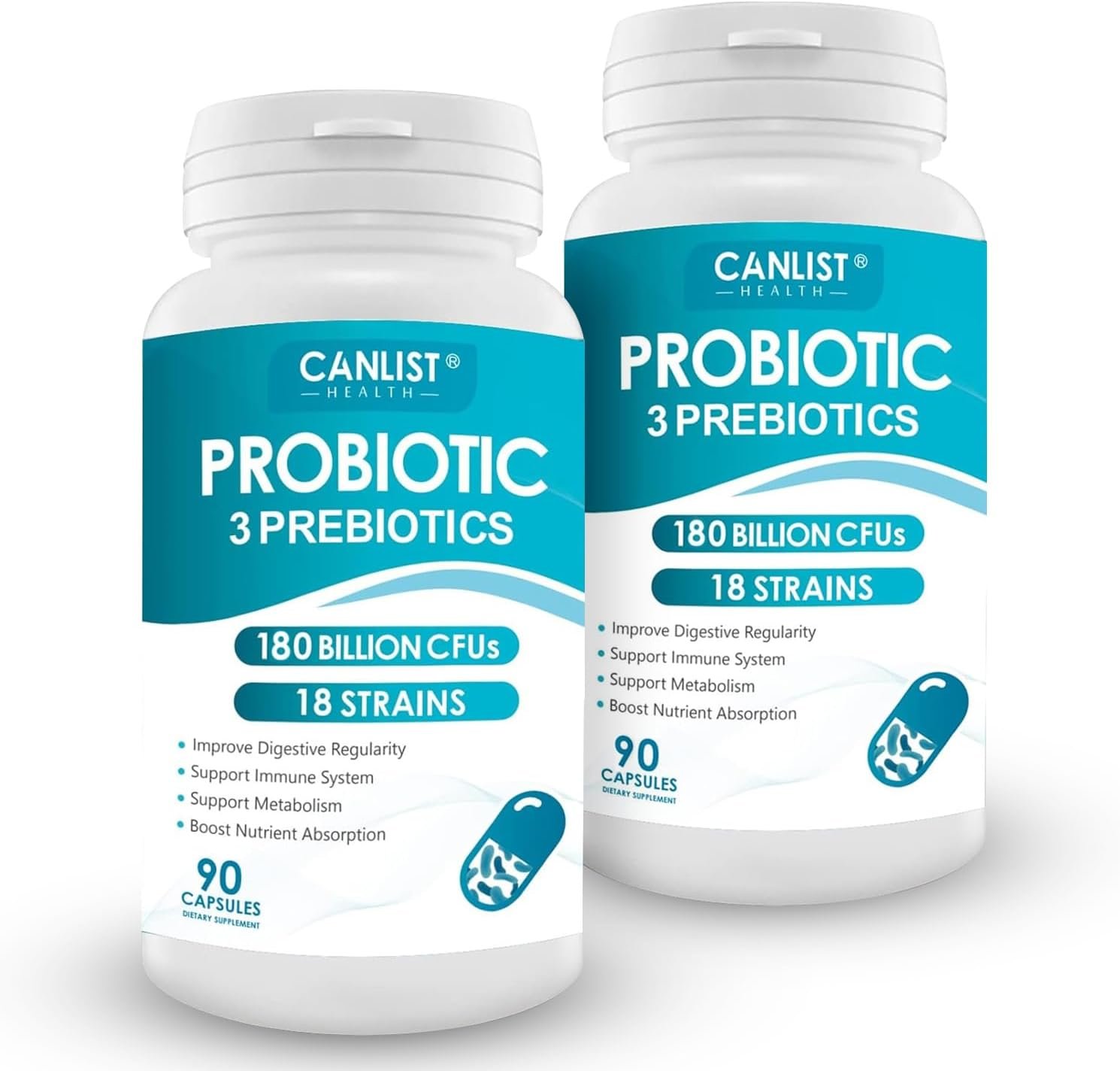 CANLIST Probiotics 180 Billion CFUs 18 Strains, 3 Prebiotics & Digestive Enzymes for Men Women,Digestive & Immune Support,Shelf Stable Non-GMO 180 Capsules
