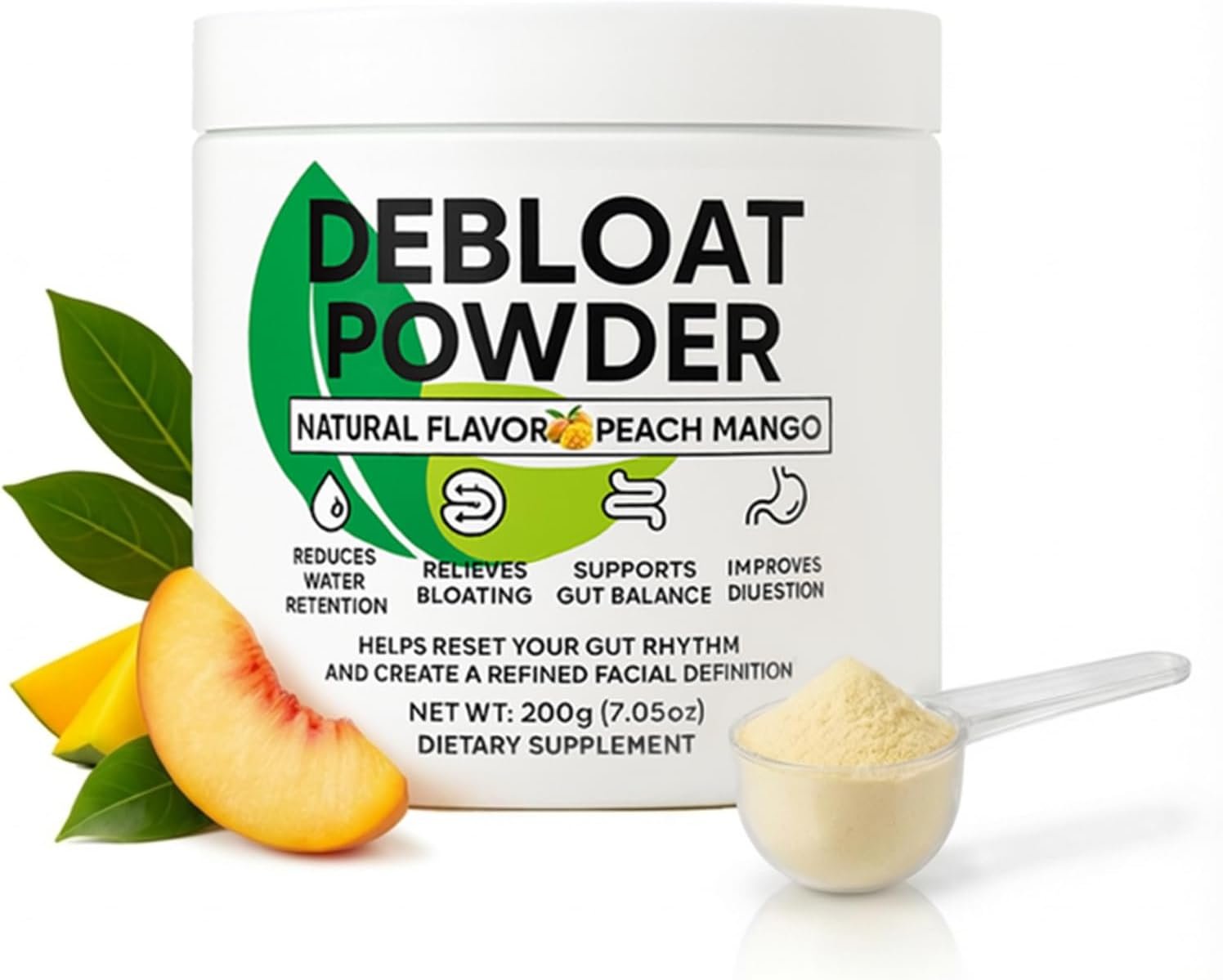 Debloat Powder, Daily Digestion & Debloating Support, Gut Balance & Water Retention Relief for Men & Women, Peach Mango Flavor, 200g / 7.05oz