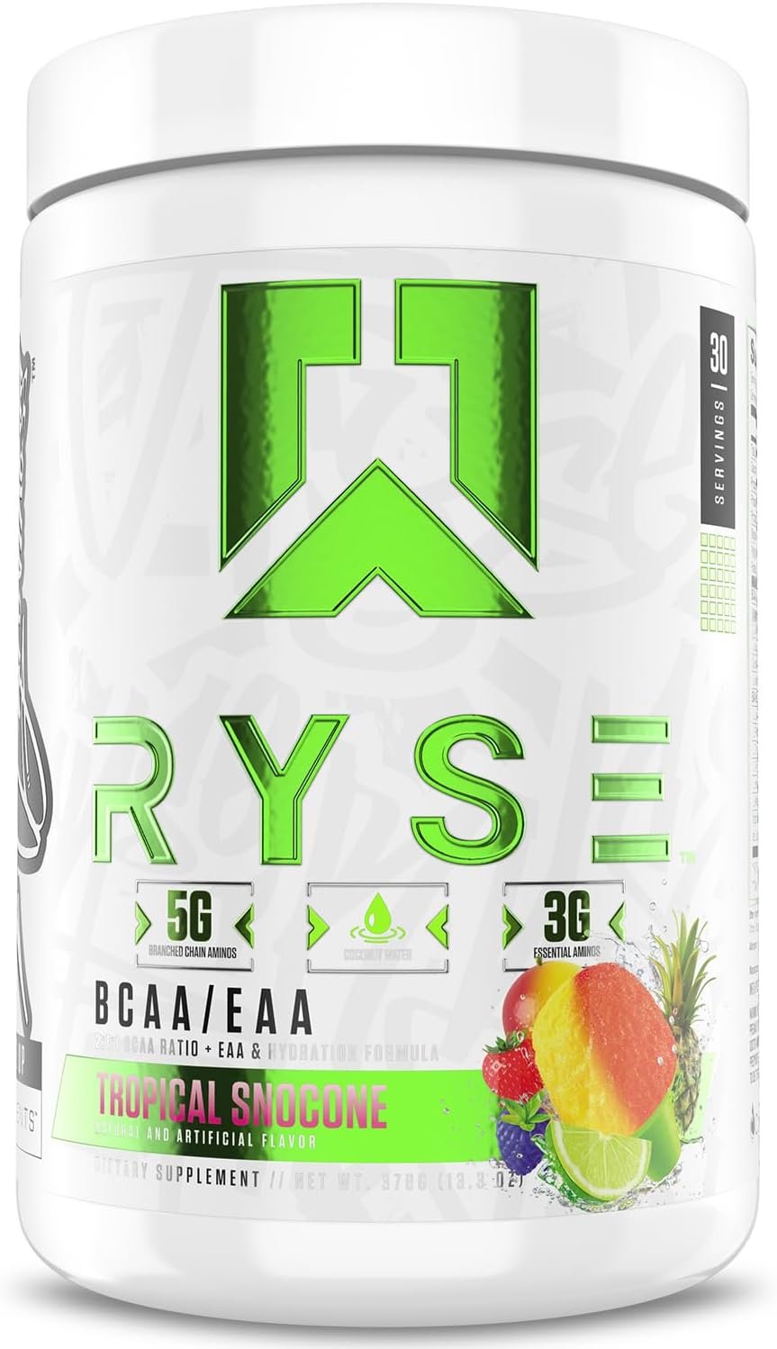 RYSE BCAA EAA Powder – Tropical Snocone – 5g Branched Chain Amino Acids, 3g Essential Aminos, Sugar-Free Electrolytes for Pre & Post Workout Muscle Recovery, Hydration and Strength – 30 Servings