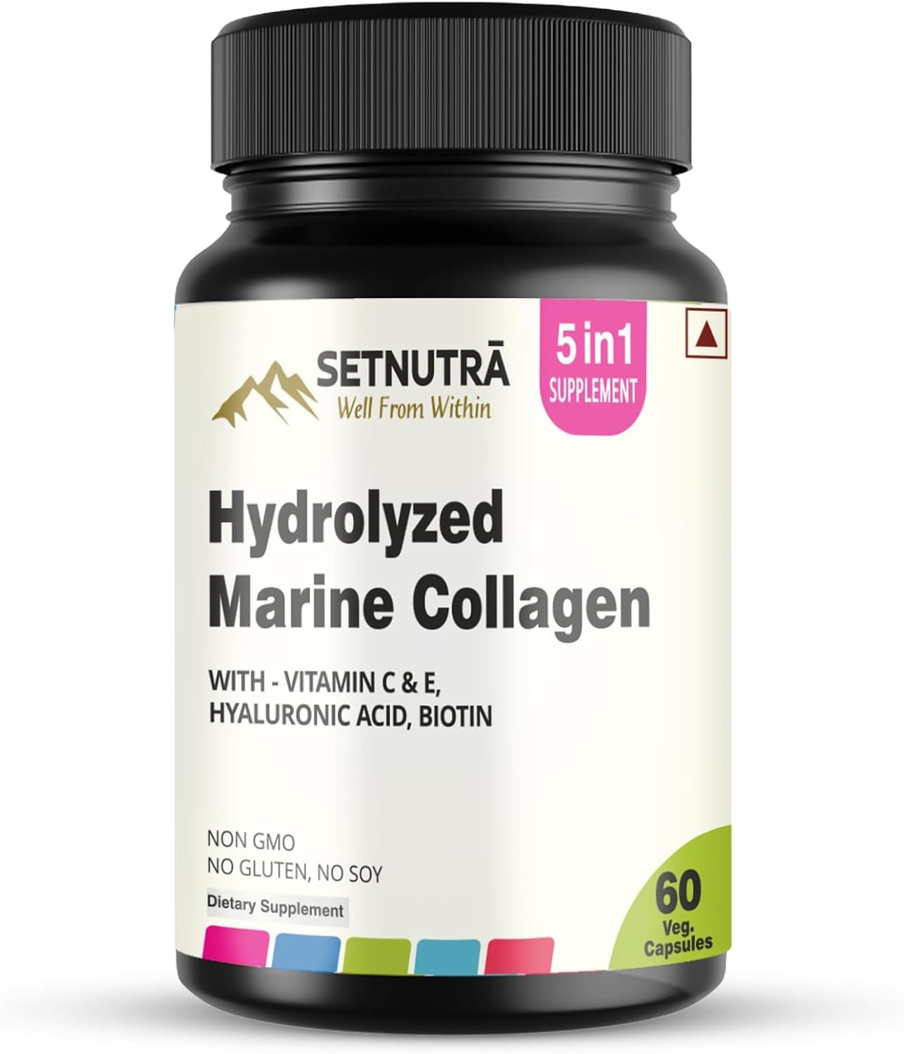 5 in 1 Hydrolyzed Marine Collagen Peptides Supplement with Hyaluronic Acid Vitamins C & E Biotin | Skin Hair Nail Support | Gluten Free Non GMO Capsules (60 Count)