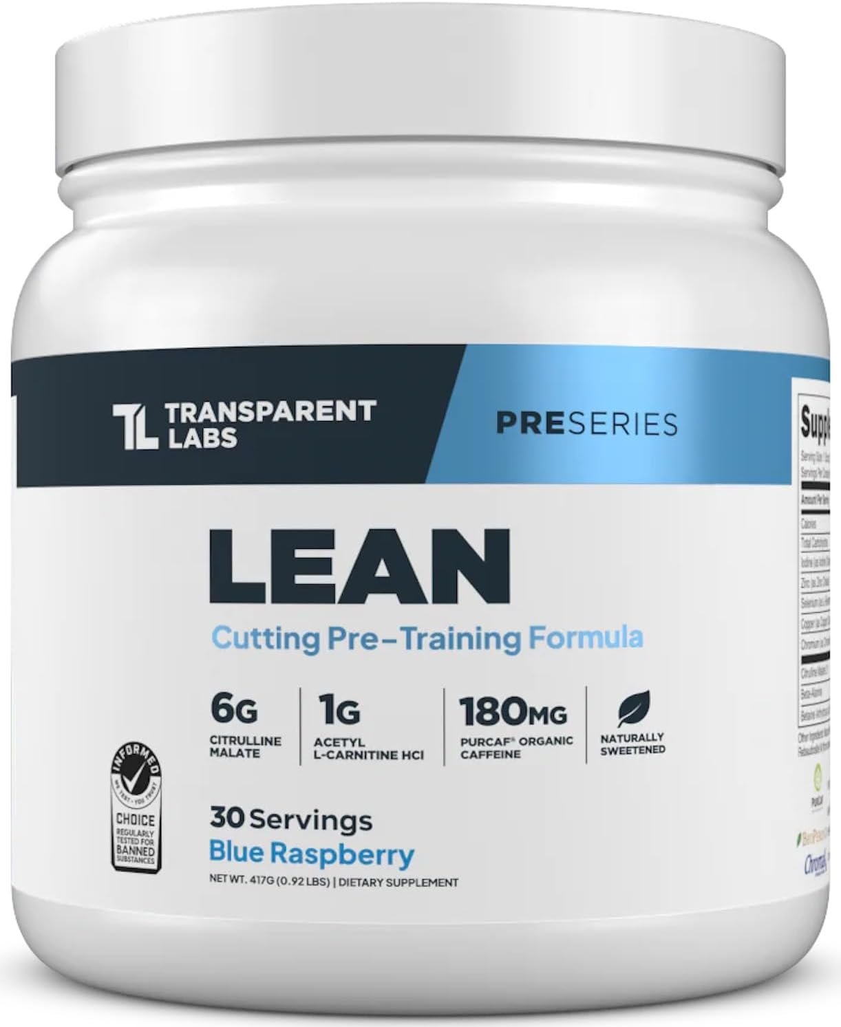 Transparent Labs Lean Pre-Workout – Body Recomposition Pre Workout for Men and Women with Acetyl L-Carnitine, Beta Alanine Powder, & PurCaf Organic Caffeine Powder – 30 Servings, Blue Raspberry