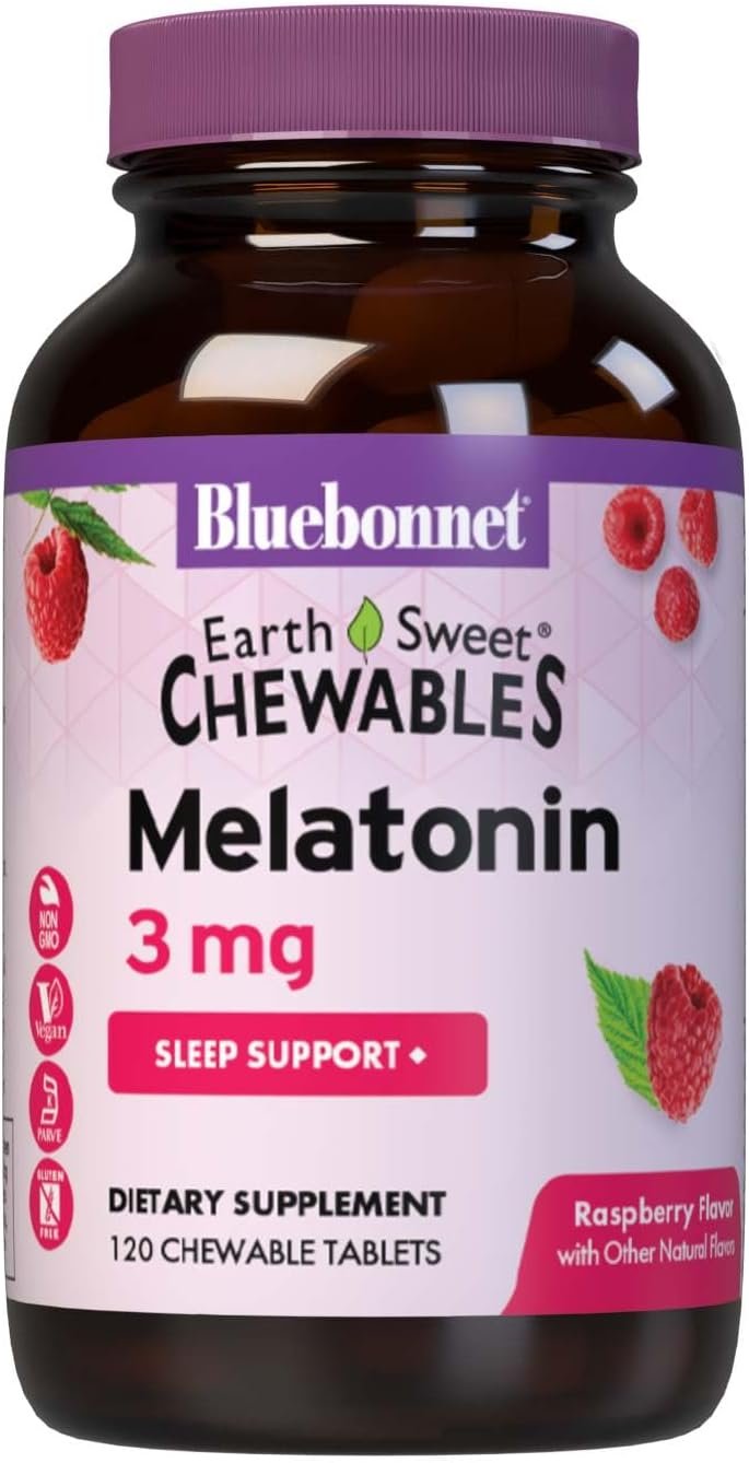 Bluebonnet Nutrition EarthSweet Melatonin 3 mg Fast-Acting Quick Dissolve Nighttime Relaxation & Restful Sleep Support – Sleep Aid – Gluten-Free, Vegan – Raspberry Flavor – 120 Chewable Tablets
