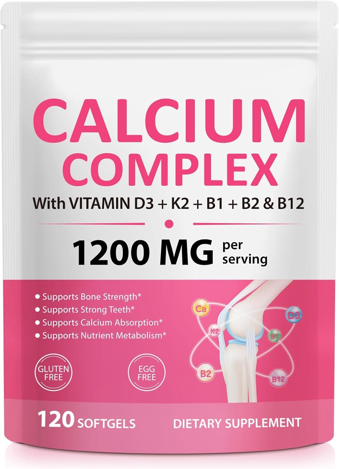 Calcium Supplements, Calcium Complex Softgels with Vitamin D3 & K2,Calcium Supplement for Bone & Teeth Health, Supports Absorption, with B Vitamins B1 B2 B12, Collagen & Plant Nutrients, 120 Capsules