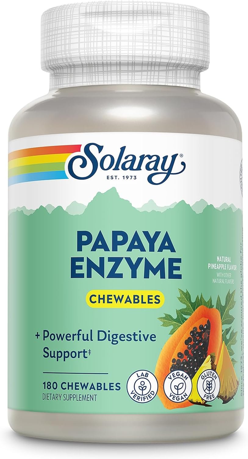 SOLARAY Papaya Enzymes Chewable Tablets – Digestive Enzymes for Powerful Digestive Support – with Papain and Bromelain – Natural Pineapple Flavor – Vegan, Gluten Free, 60-Day Guarantee, 180 Servings