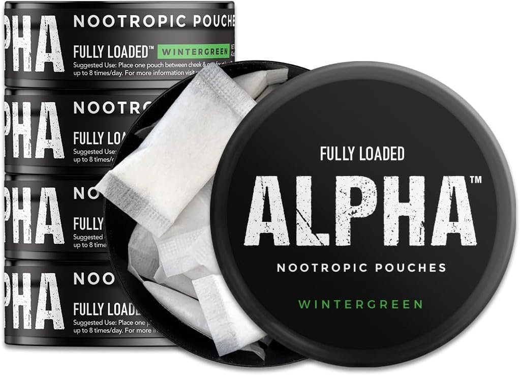 Fully Loaded Alpha Nootropic Pouches (Wintergreen) – 5 Cans – 15 Pouches per can – Effective Nootropic Delivery, Nic Pouch Replacement – Faster Absorption, Alpha GPC, L-Tyrosine, GABA