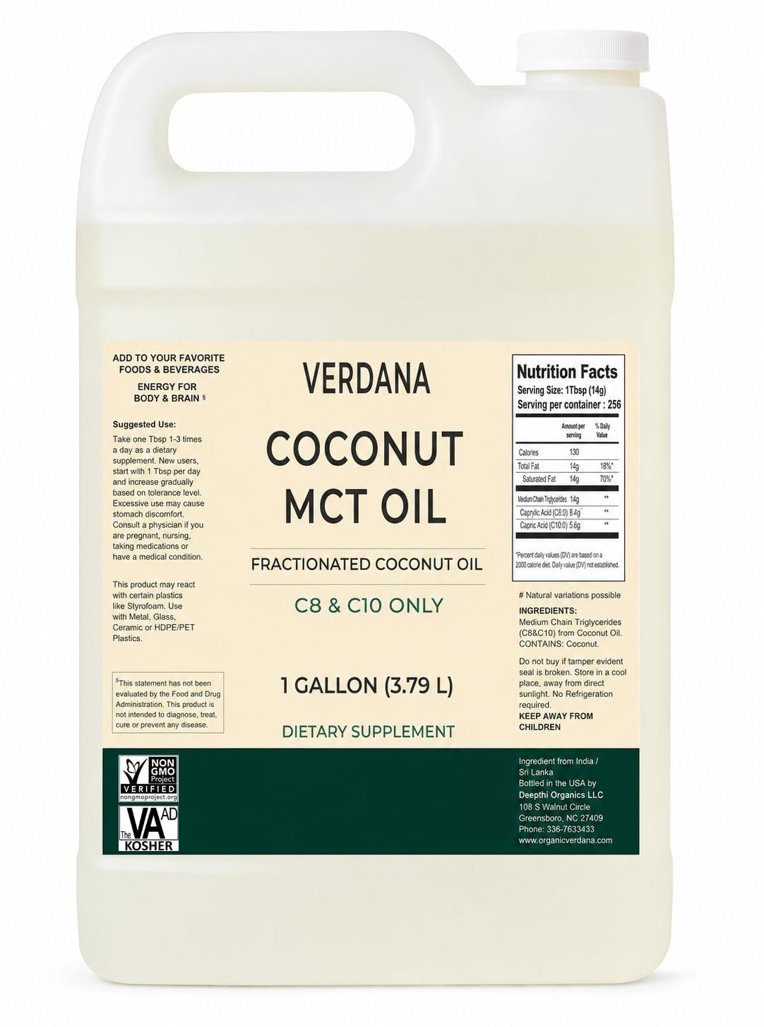 Verdana MCT Oil, Fractionated, 100% from Coconut – 1 Gallon – Kosher Food Grade, Vegan, Non-GMO – Great for Keto and Paleo Diet (128 Fl Oz)