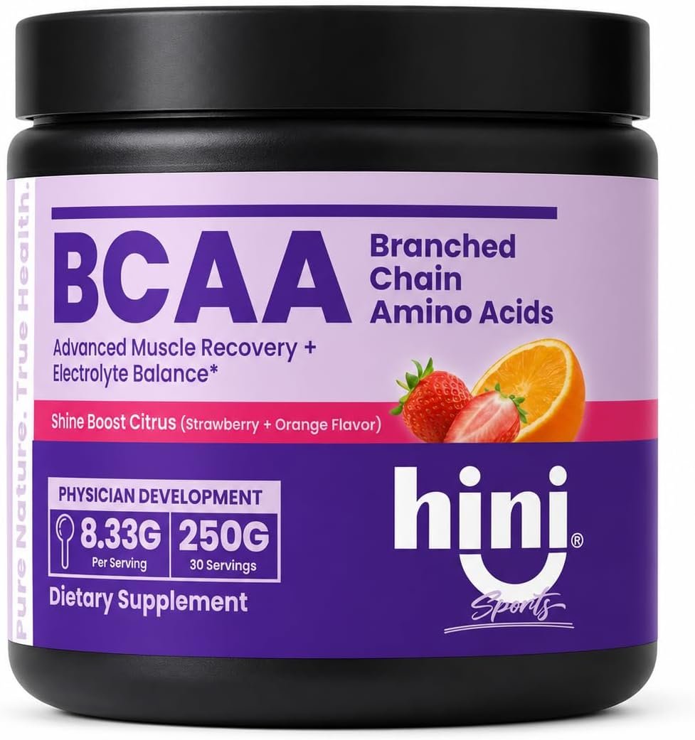 HINI BCAA Powder, 2:1:1 Branched Chain Amino Acids with Electrolytes, 6000mg BCAA Blend, L-Leucine, L-Isoleucine & L-Valine, Strawberry Orange Flavor, 250g, 30 Servings