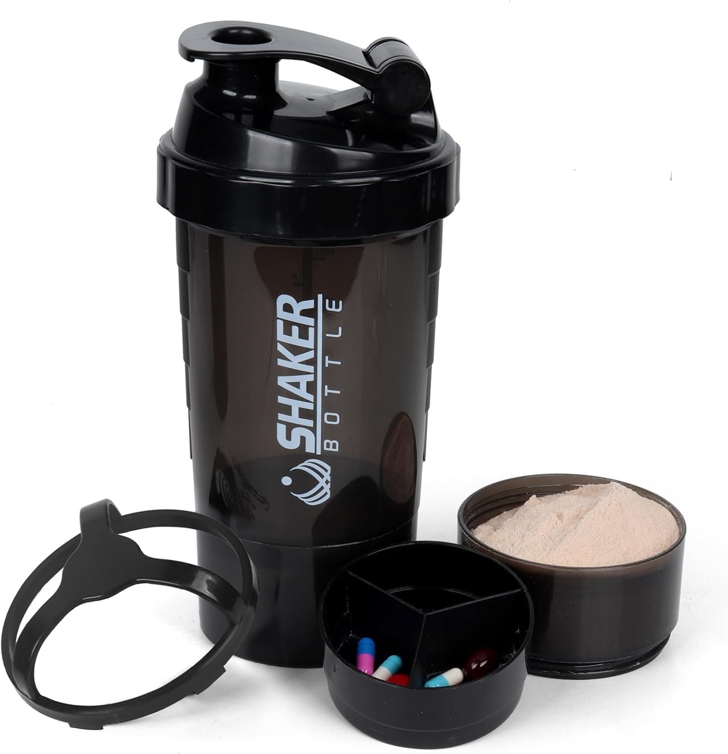 XTK Shaker Bottle 16OZ Protein Shaker Bottles with Mix Ball Sports Water Bottle Leak Proof GYM Cup for Protein Mixes with Powder Storage & Pill Organizer, Ideal for Pre Workout,BPA Free(black)