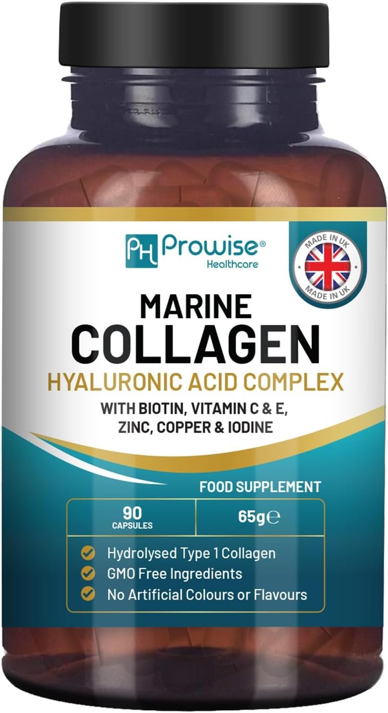 Marine Collagen with Hyaluronic Acid 1100mg – 90 Capsules Boosted with Hyaluronic Acid, Vitamins C, E, B2, Biotin, Copper, Zinc and Iodine | for Women and Men | Made in the UK By Prowise Healthcare