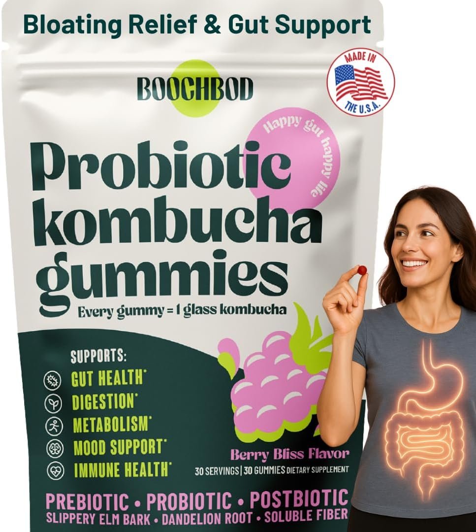 BoochBod – Probiotic Kombucha Gummy – Prebiotics, Probiotics, Postbiotics, Fiber Supplement, Slippery Elm, Dandelion Root, MCT Oil, for Bloating, Gut Health – Probiotics for Women and Men