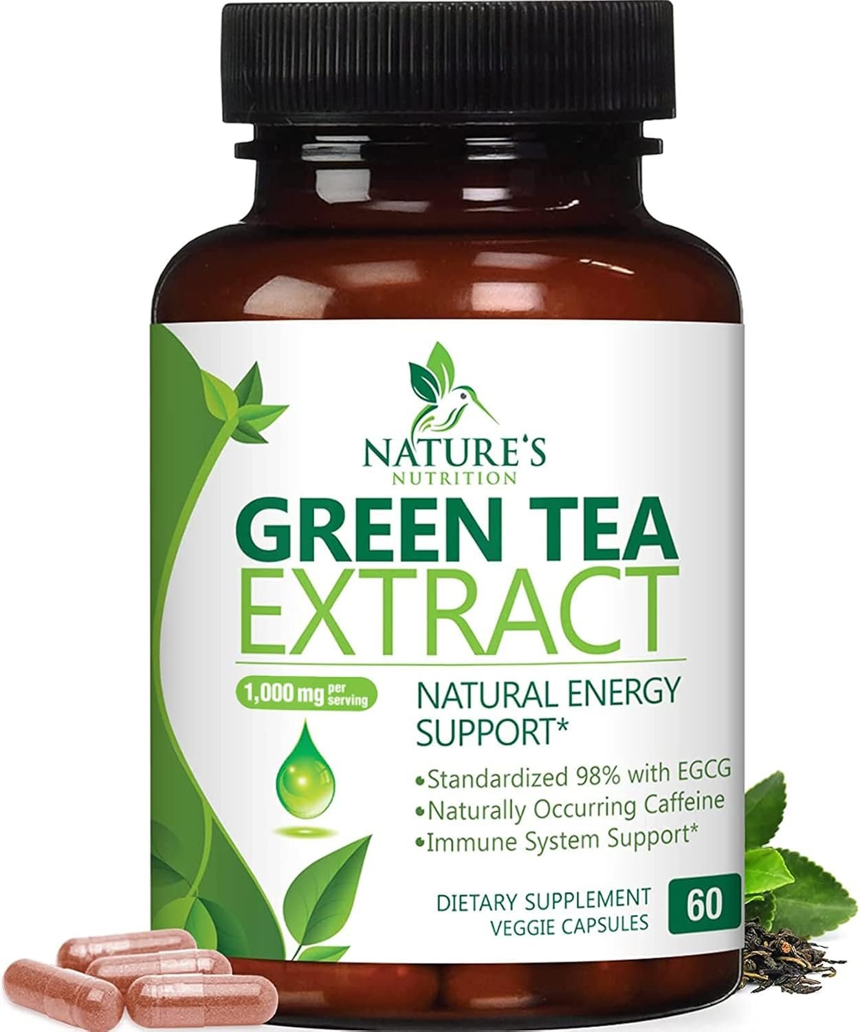 Green Tea Extract 1000mg – Premium Green Tea Extract Pills with 45% EGCG, 98% Polyphenols for Natural Energy – Nature’s Antioxidant Herbal Heart Support Supplement, Bottled in USA – 60 Capsules