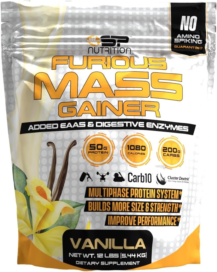 SP Nutrition Furious Mass Gainer, Vanilla Flavor, 12 lbs, 50g Protein, 200g Carbs, EAAs & Digestive Enzymes
