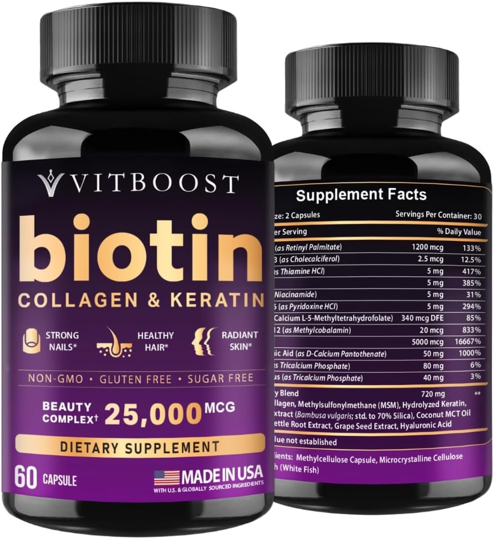 VITBOOST Biotin with Hyaluronic Acid, Collagen and Keratin – 60Ct, 25000mcg