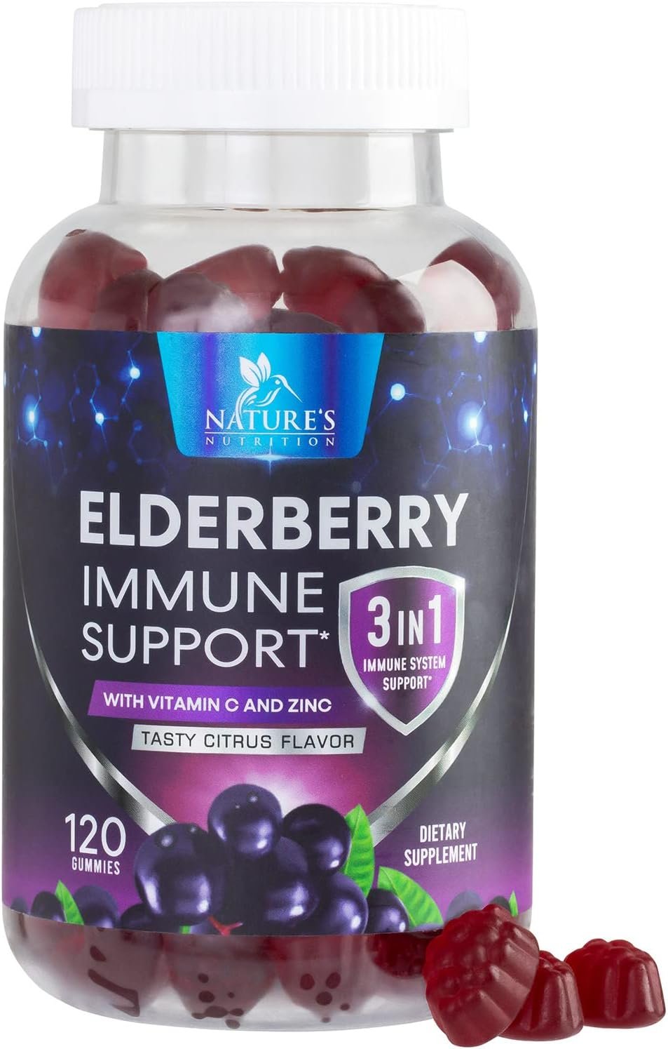 Elderberry Immune Support Gummies 100mg – 3X Strength Black Elderberry Gummy with Vitamin C, D3 and Zinc – Immune Support Supplement Gummy for Kids & Adults, Black Elder Berry Vitamins – 120 Gummies