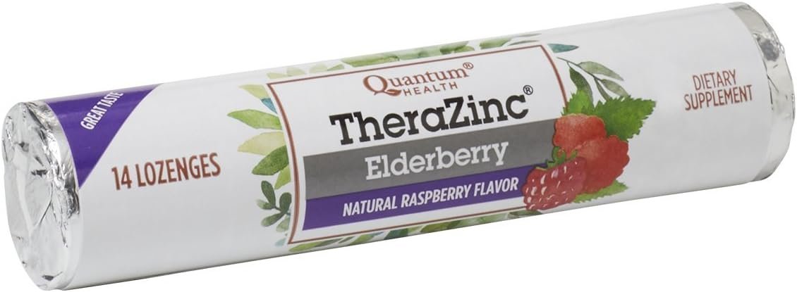 Quantum Health TheraZinc Elderberry Roll, Raspberry Lozenges, Made with Zinc Gluconate for Immune Support, 14 Count