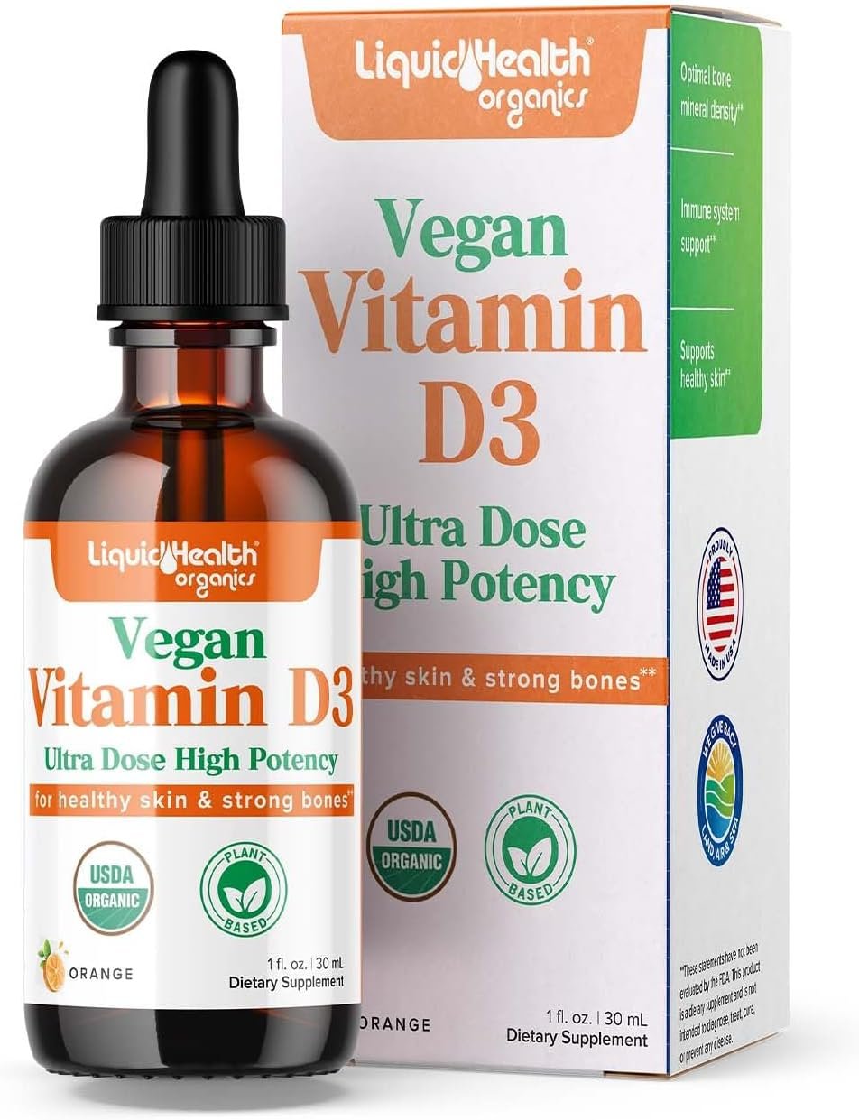 LIQUIDHEALTH Vitamin D3 4000 IU, USDA Organic Vitamin D Liquid Drops for Adults & Kids, Vegan Vitamin D for Immune System Support, Bone Health, Mood Support, Healthy Skin – Made in USA (1 oz)