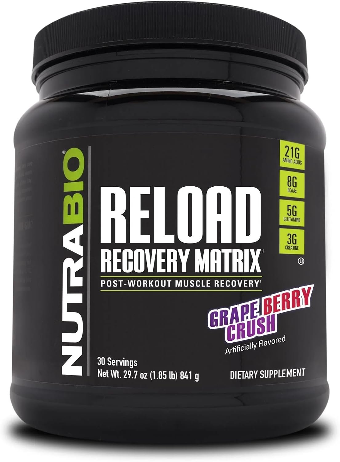 NutraBio Reload – Powerful Muscular Recovery Formula – Post-Workout Supplement – 3G Creatine – 8G BCAAs – 5G Glutamine – 30 Servings, Grape Berry Crush