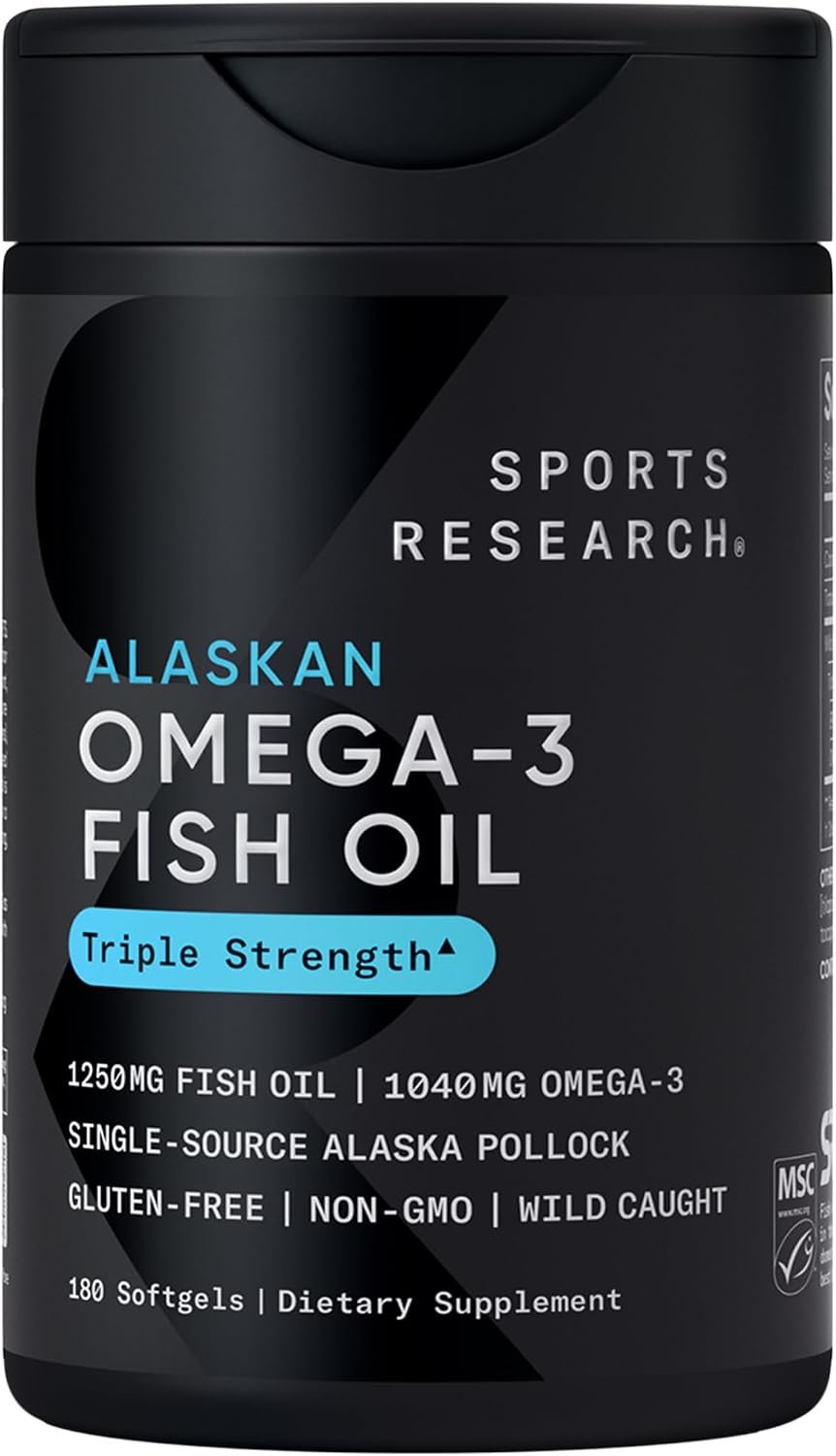 Sports Research® Omega-3 Fish Oil 1250mg from Wild Alaska Pollock,180 Count