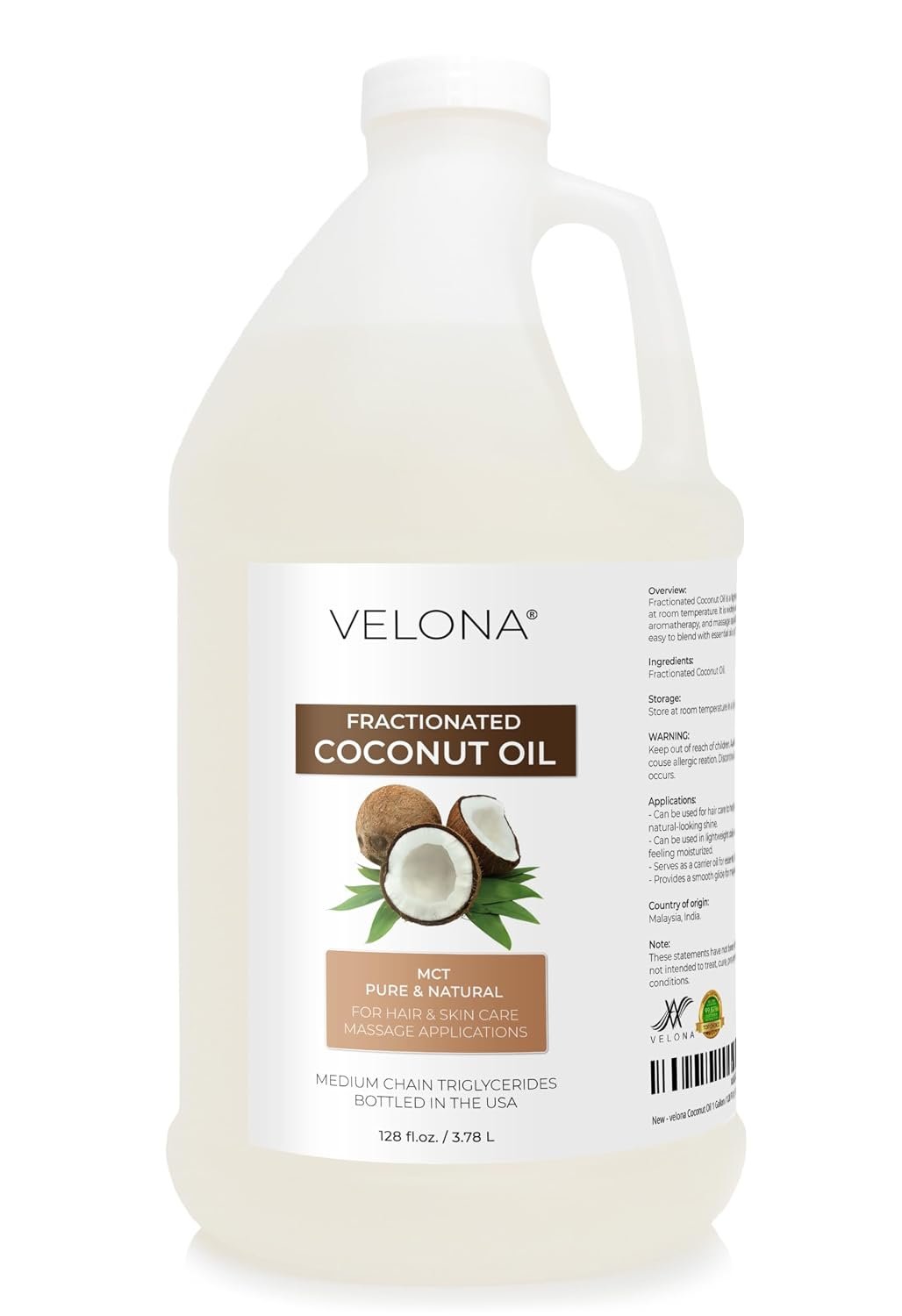 velona MCT Coconut Oil – 1 Gallon / 128 fl oz, Fractionated, Pure Natural