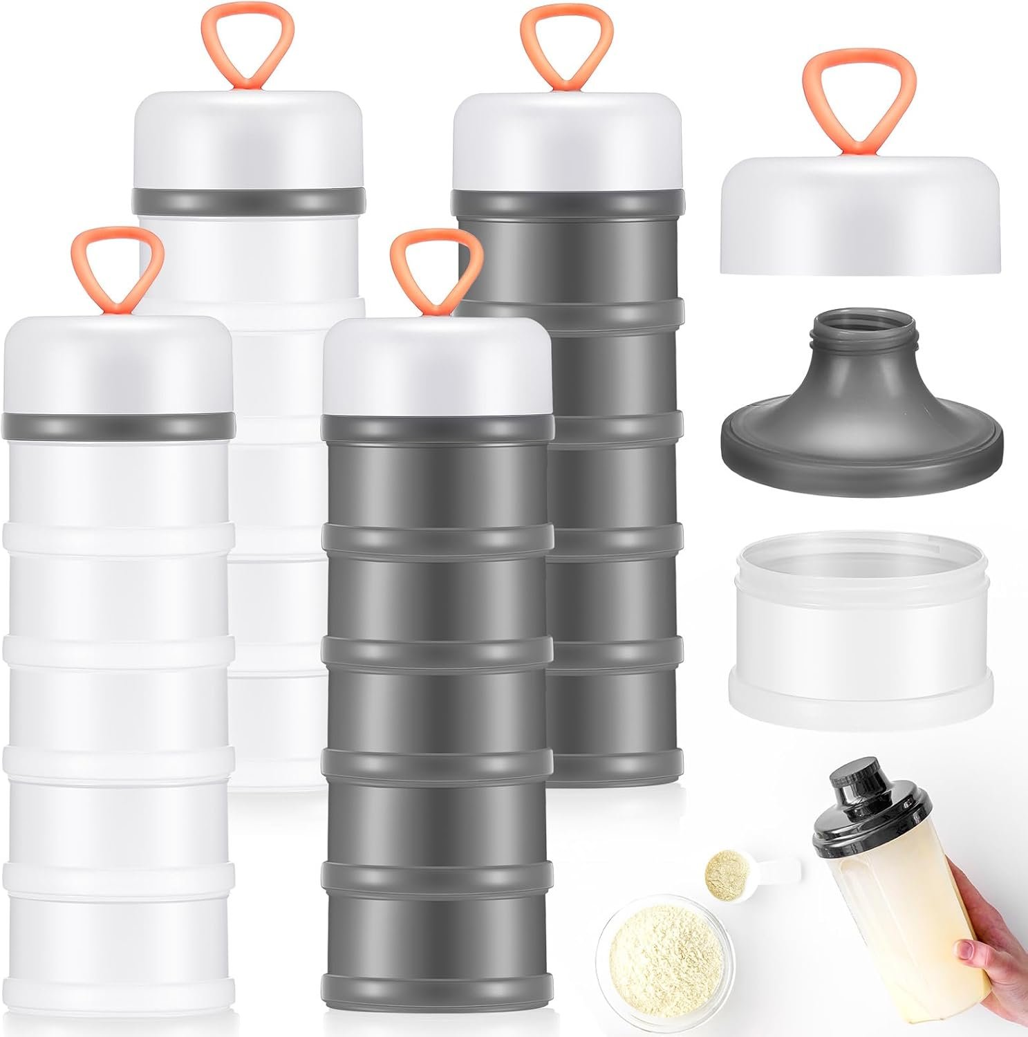 Baderke 4 Pcs Protein Powder Containers Stackable, Gray, White