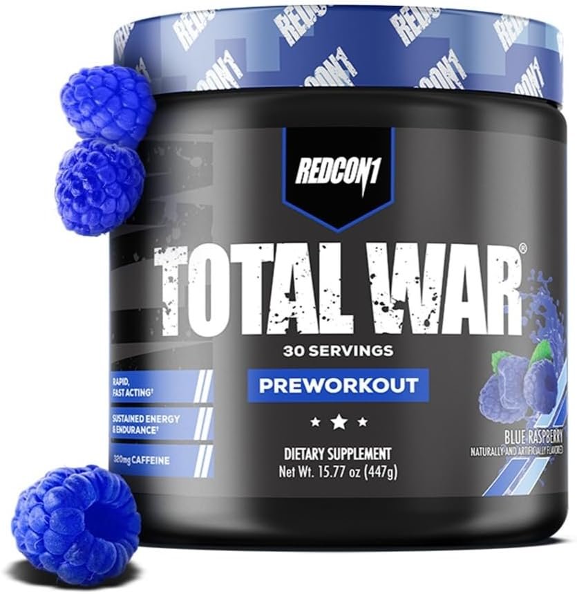 REDCON1 Total War Pre Workout Powder | Blue Raspberry | 320mg Caffeine + Citrulline Malate + Beta Alanine (30 Servings)