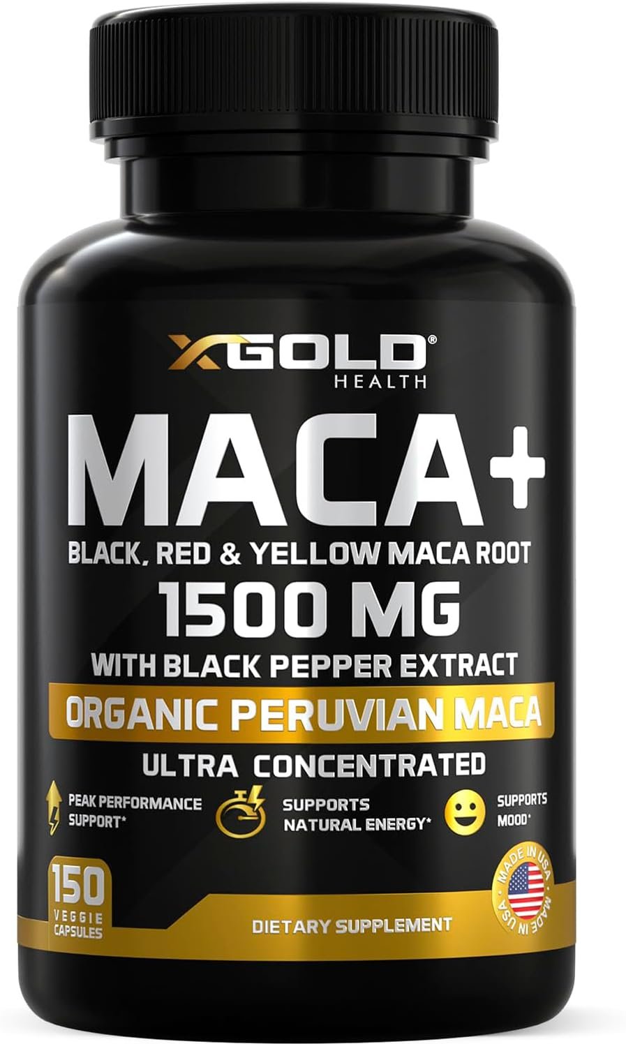 X Gold Health Organic Maca Root 1500 mg for Energy & Libido, 150 Capsules